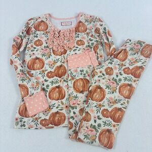 Cheeky Plum Girls Pumpkin Floral Ruffle Pajama Set Pink Polka Dot 12Y Autumn